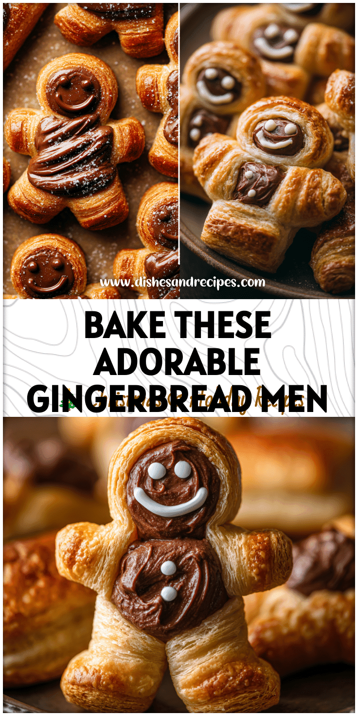 Golden Nutella Puff Pastry Gingerbread Men cookies filled with Nutella Spread on a festive tray.